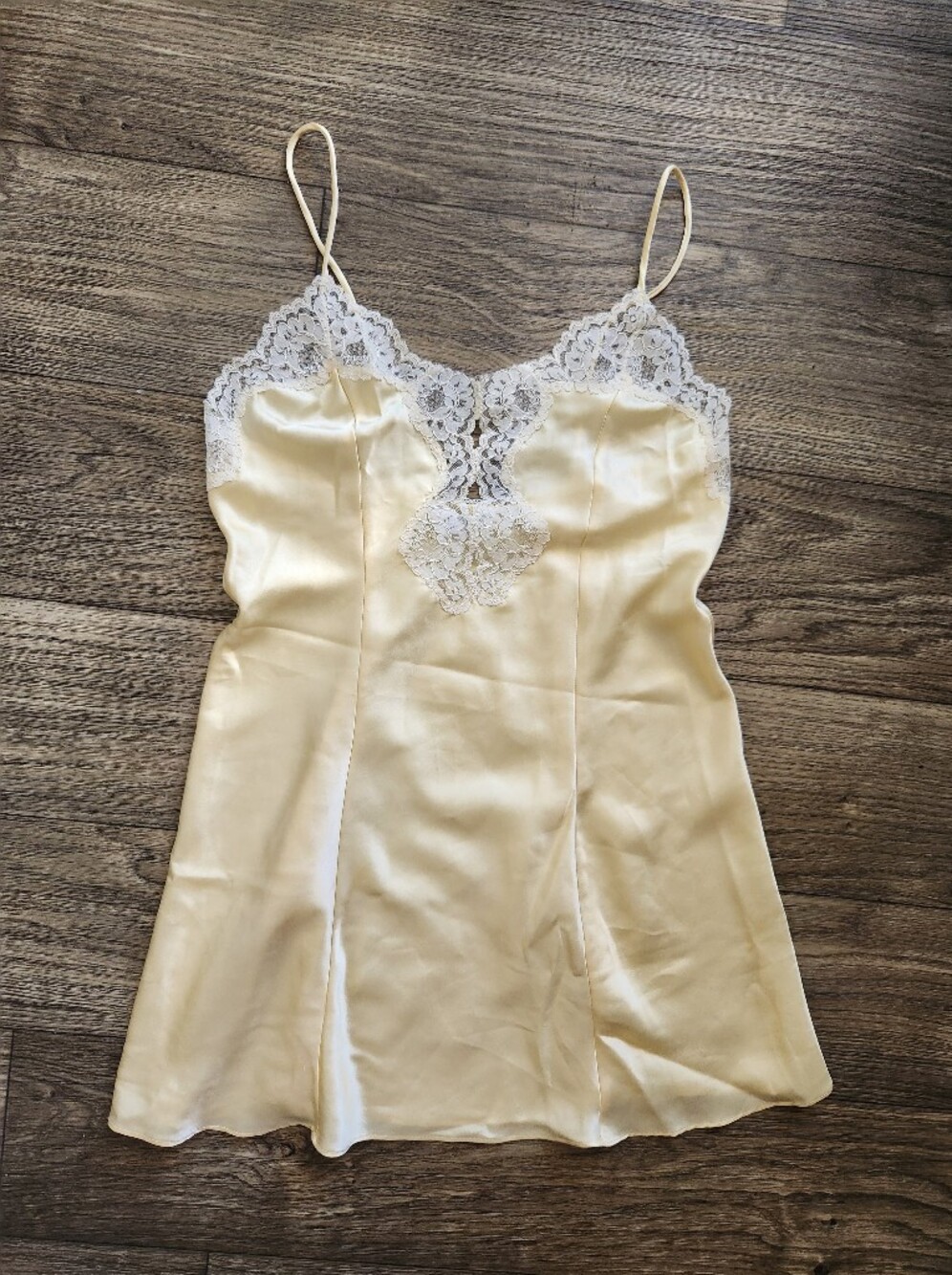 Vintage Mervyn's Butter Yellow Lace Trim Satin Slip Mini Dress Size Medium